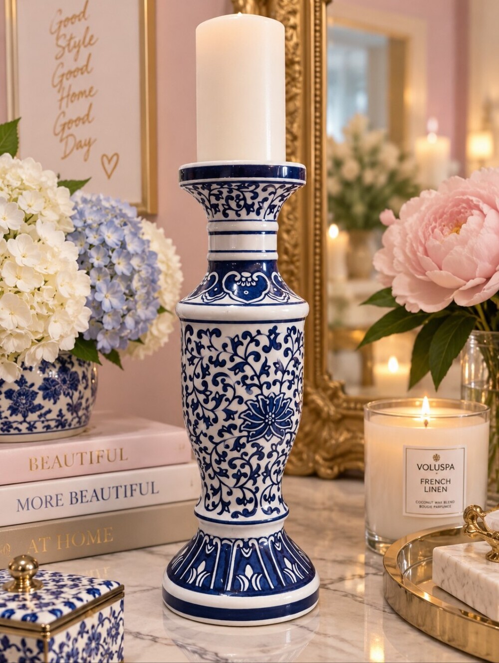 Apropos Blue White Chinoiserie French Country Ceramic Candle Holder 14" - Picture 5 of 5